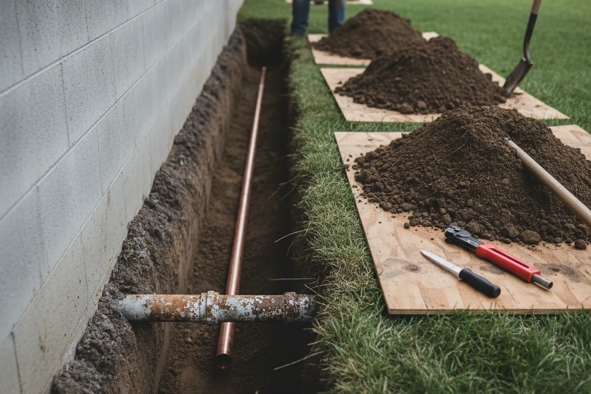 Excavated water line trench during Water Softener Installation in Wellesley Island